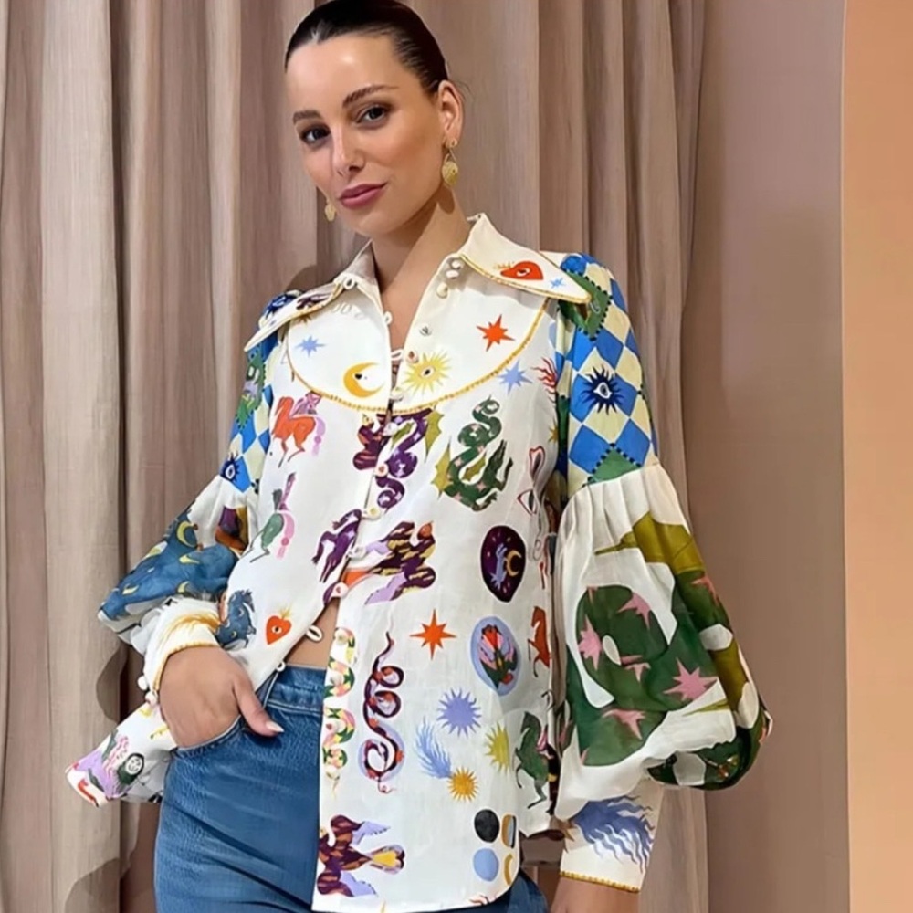 Women’s Colorful Boho Balloon Sleeve Zodiac Print Top (Medium)